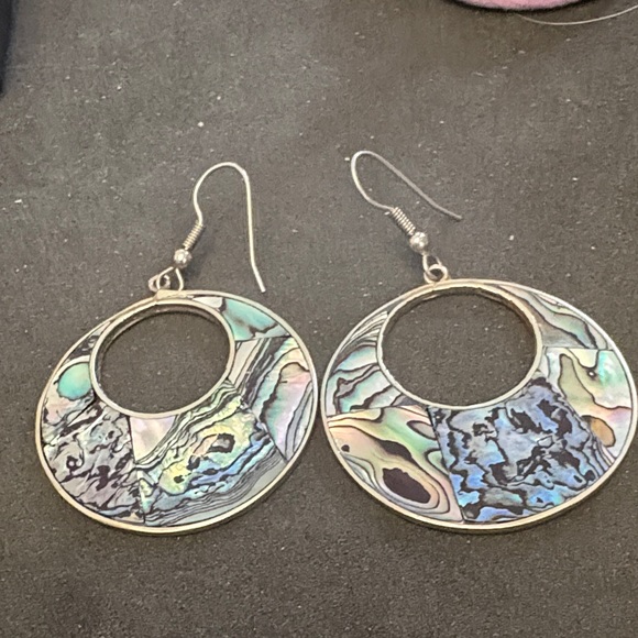 Vintage Alpaca Silver Mother Of Pearl Hoop Drop Earrings - Picture 4 of 8